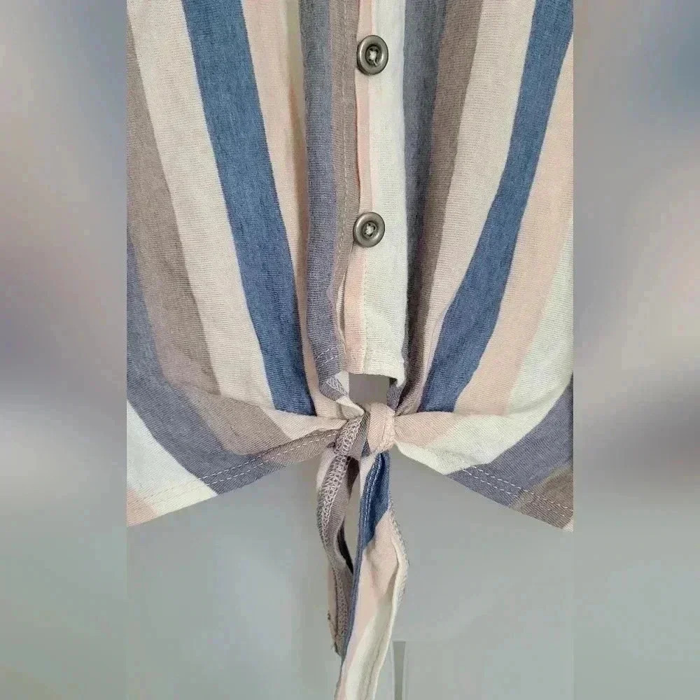 American Eagle Women's Stripped Shirt Sz M Roll Sleeve Tie Front - Picture 8 of 10